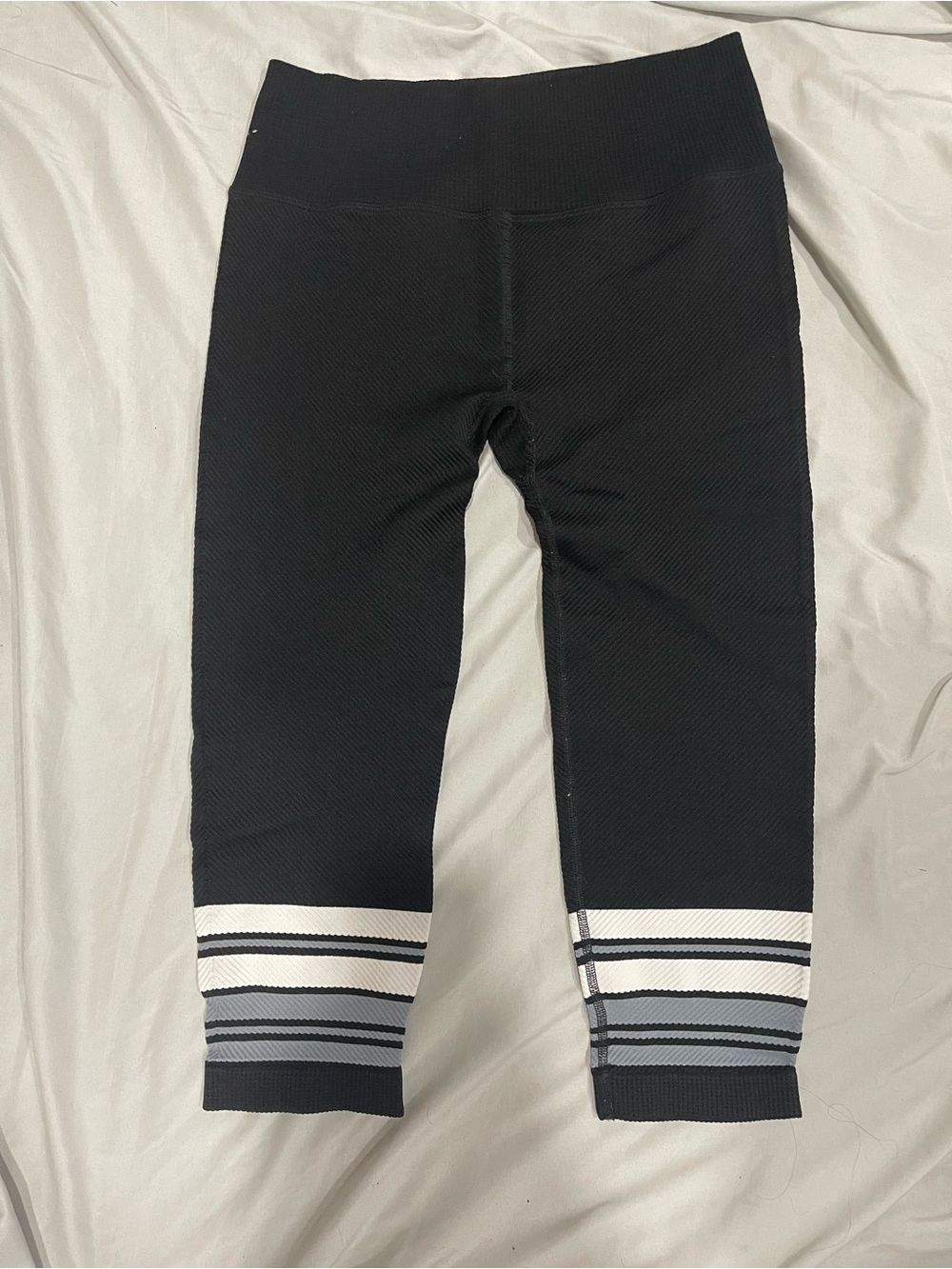 FP Movement Black Ribbed Crop Leggings with White and Gray Stripes